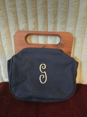 Vintage Triminghams Bermuda Cedar Wood Handle Purse Navy Monogram S Handbag 60s